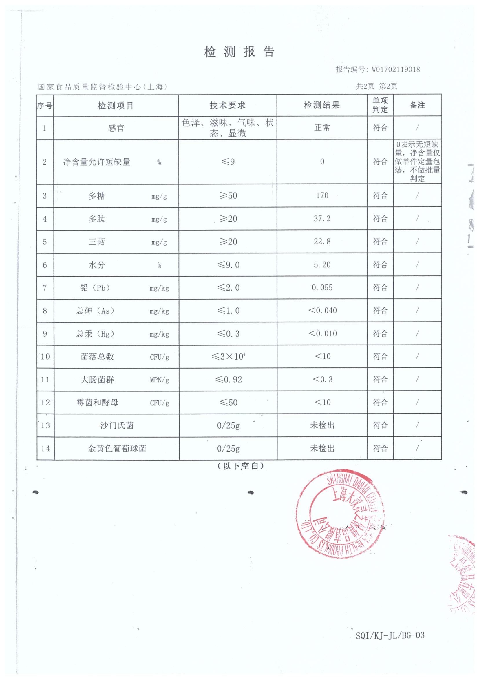 菇新大漢牌靈芝破壁孢子沖劑產品檢測報告